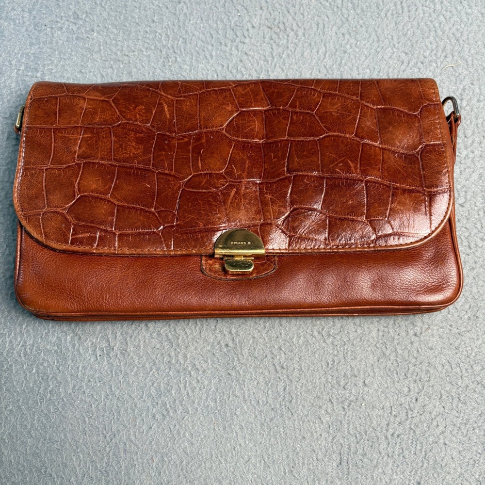 Picard Vintage Brown Crocodile Embossed Leather Clutch Bag Gold Hardware